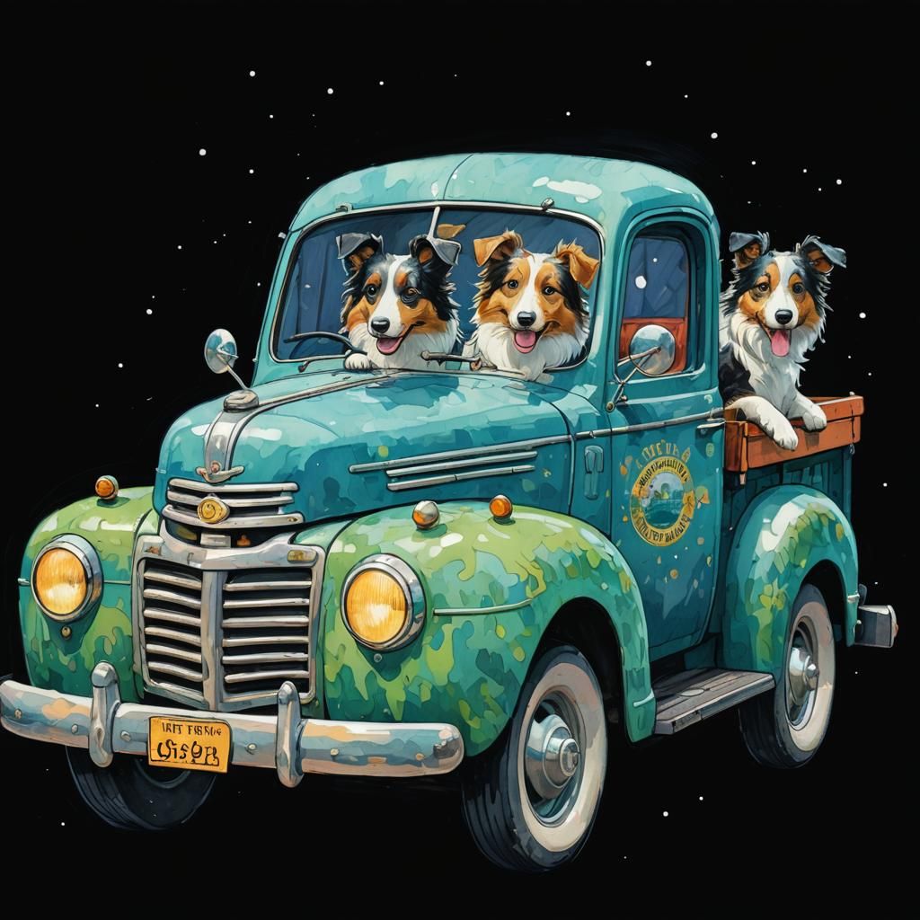 Collies Driving Truck in City Park: Storybook Illustration