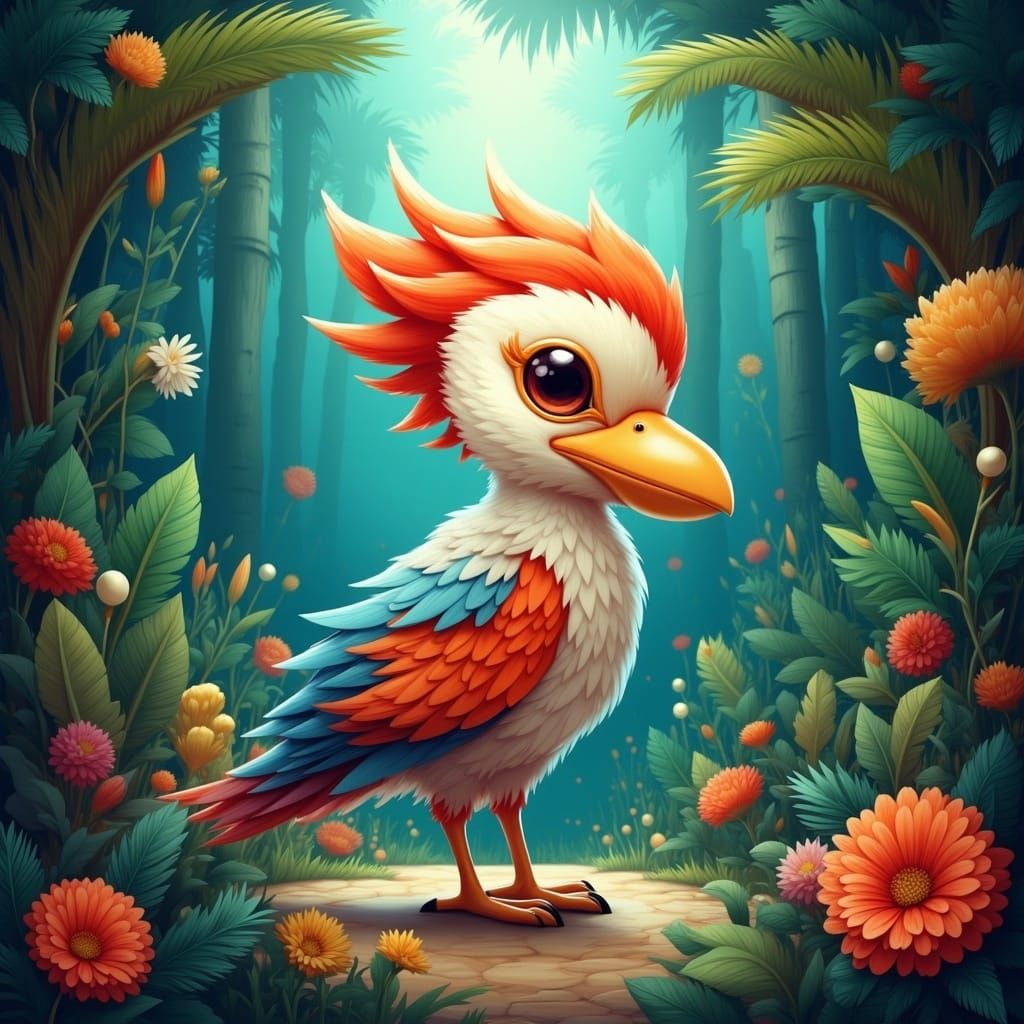 Chibi Flightless Bird Portrait in Tropical Jungle