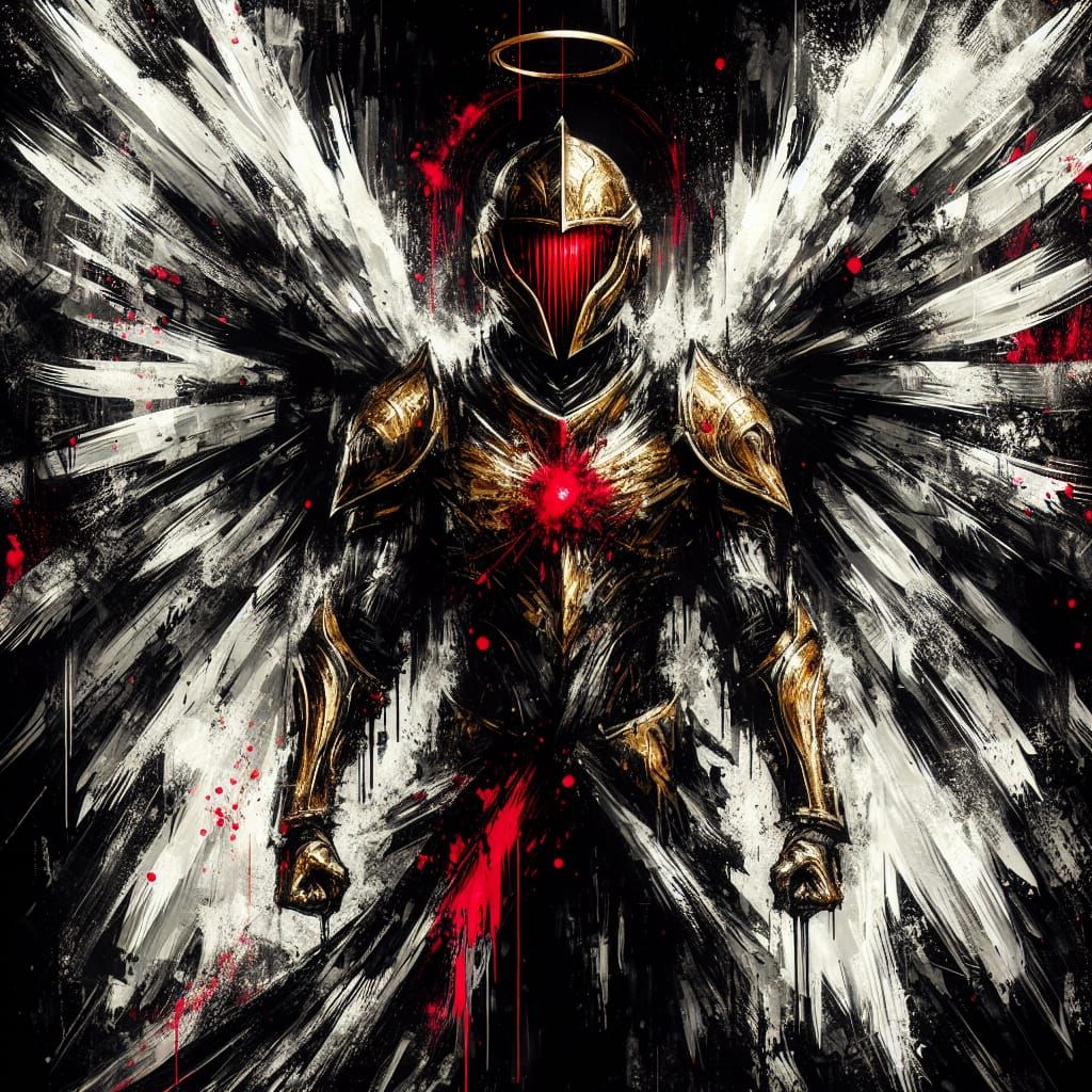 Abstract Combat Angel with Red Eyes and Golden Armor