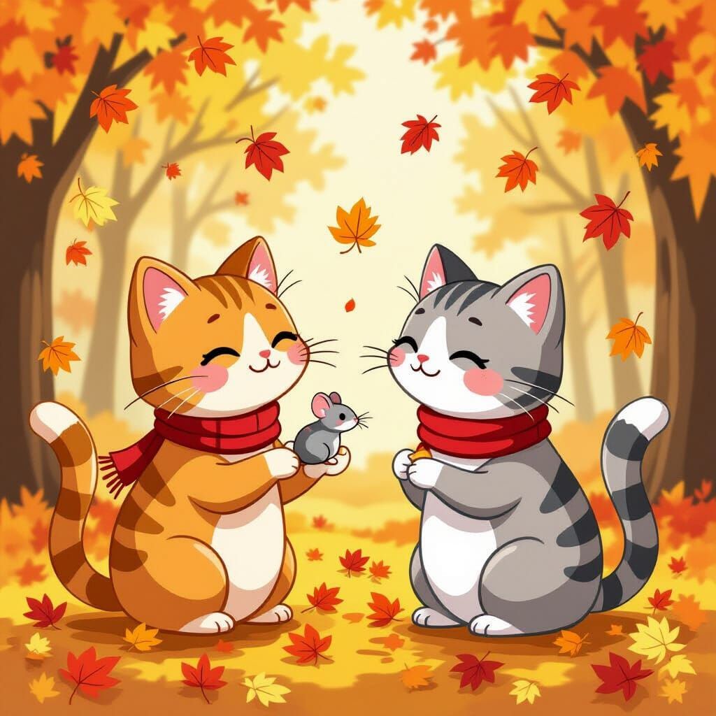 Cats on a Romantic Autumn Date in Cartoon Style