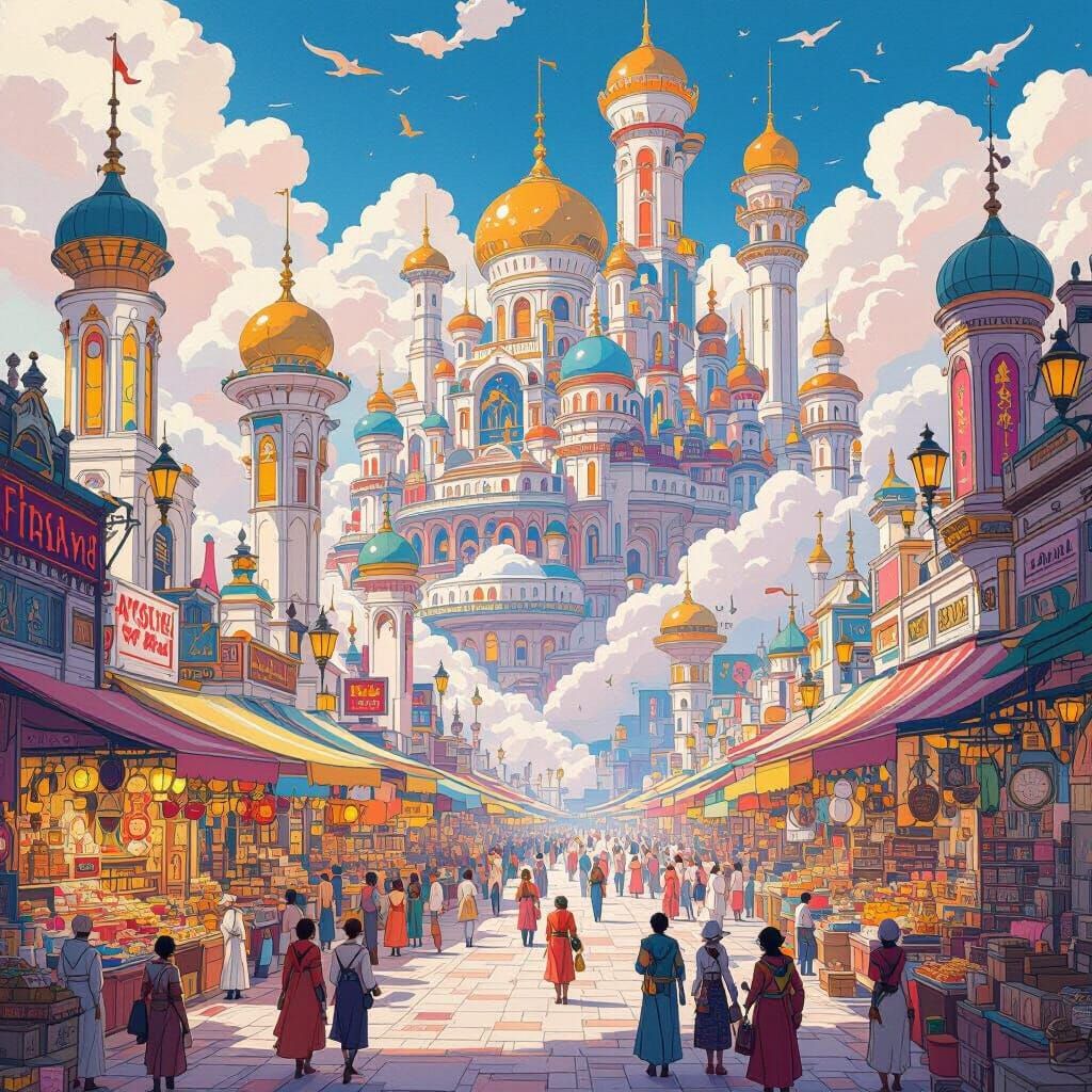 Cloud City Marketplace in Retro-Futuristic Style