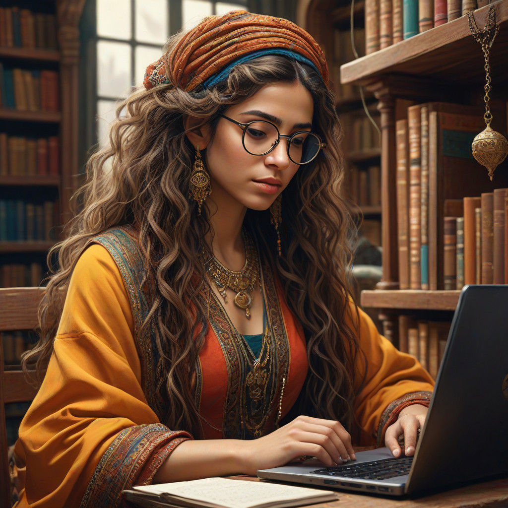 Hyperrealistic Arab Woman in Traditional Dress, Laptop, and...