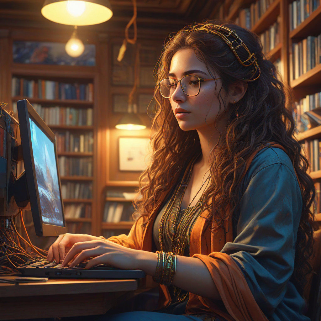 Vibrant Arabic Woman in Old Library with Laptop and Feline C...
