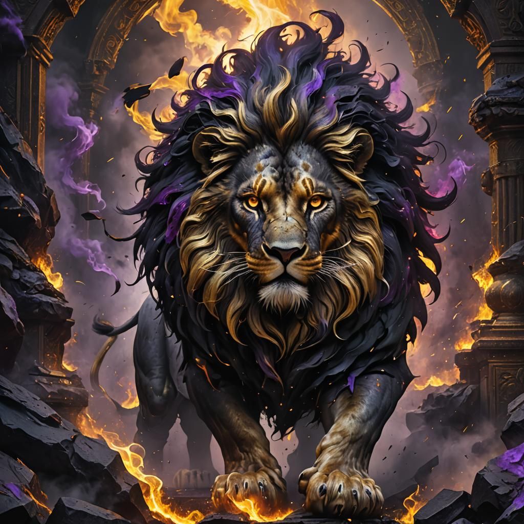 Golden-Eyed Lion in Smoky Dark Fantasy Style