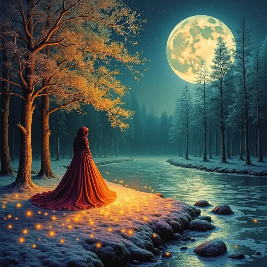 Mystical Forest Figure in Moonlit Dreamscape