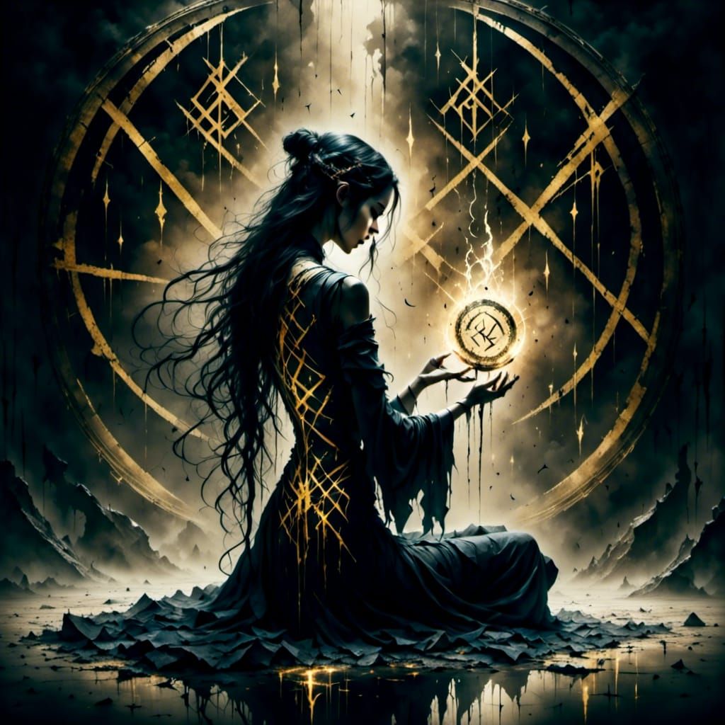 <lora:Dark:1.0> <lora:Glowing Runes:1.0> A sorceress flaots in a room facing a wall covered in black and gold glowing ru...