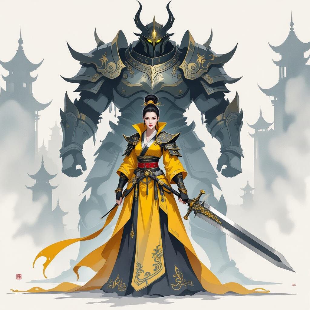 Warrior in Yellow and Black with Massive Sword