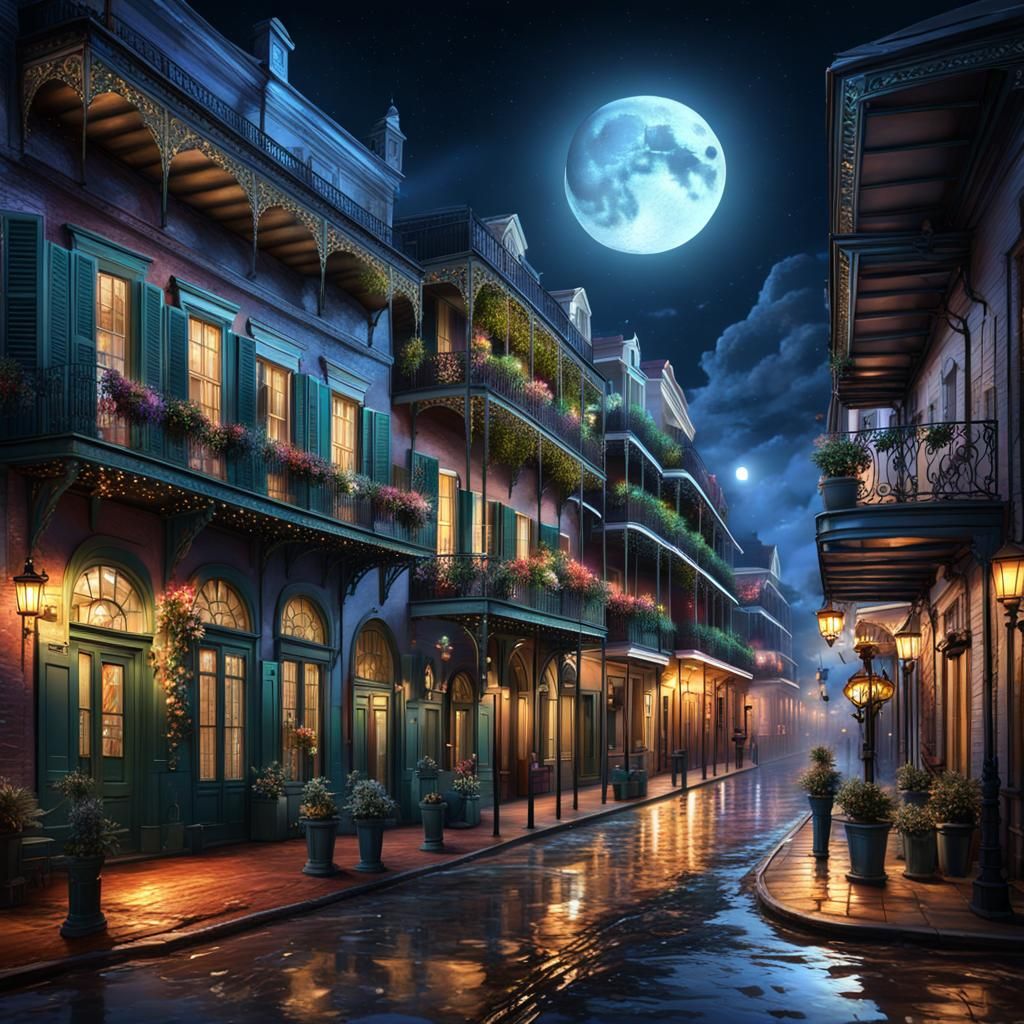 New Orleans French Quarter Nightscape in Detailed Matte Pain...