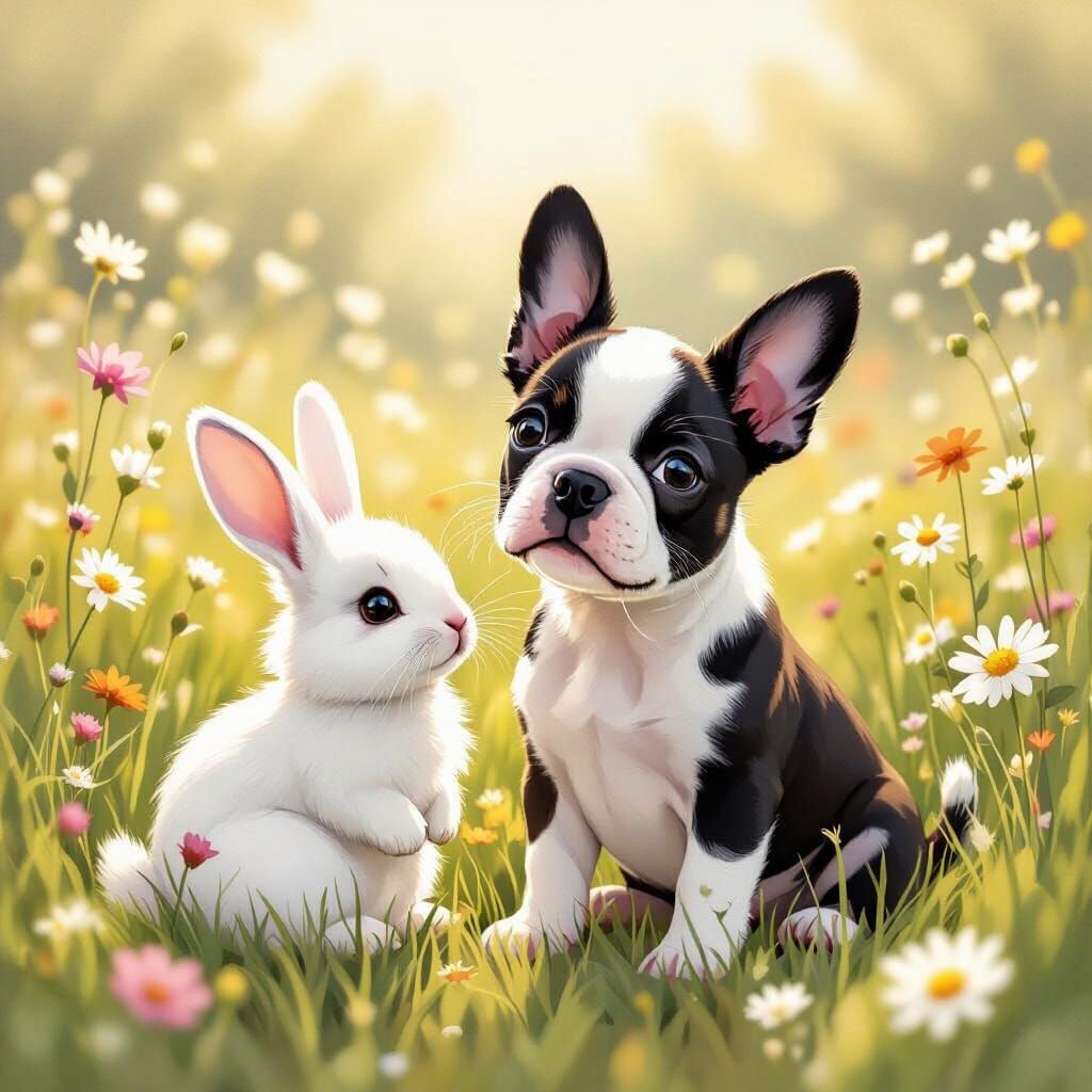 Boston Terrier Puppy and Bunny in Sunlit Meadow