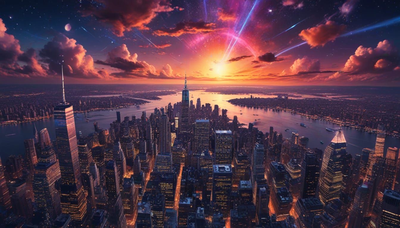 Surreal Manhattan Cityscape at Night in Cosmic Holographic S...