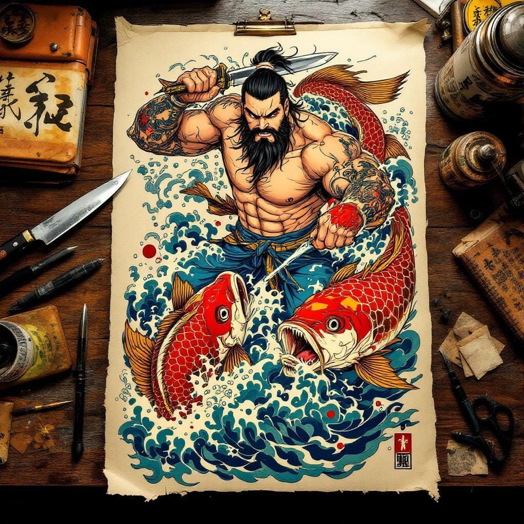 Irezumi Strongman Battles Koi Carp in Japanese Tattoo Art
