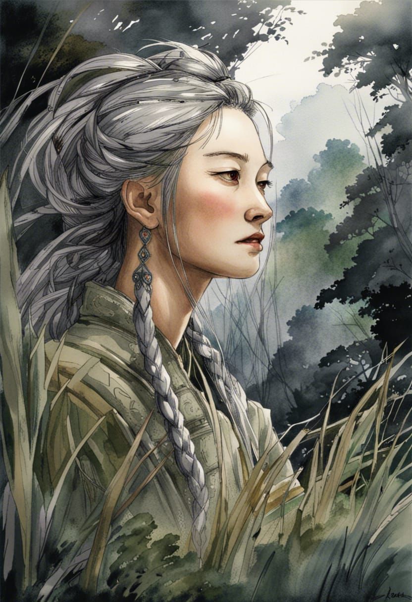 Xianxia Warrior Overlooking Dark Forest in Watercolor Style