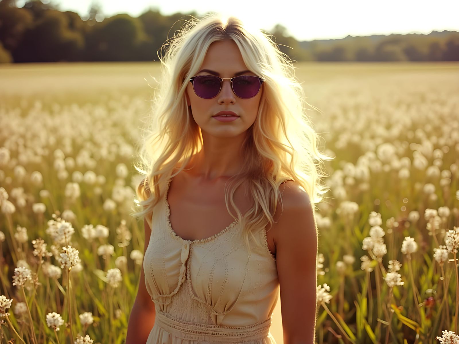 Vintage Postcard Style: Woman in 1970s Field