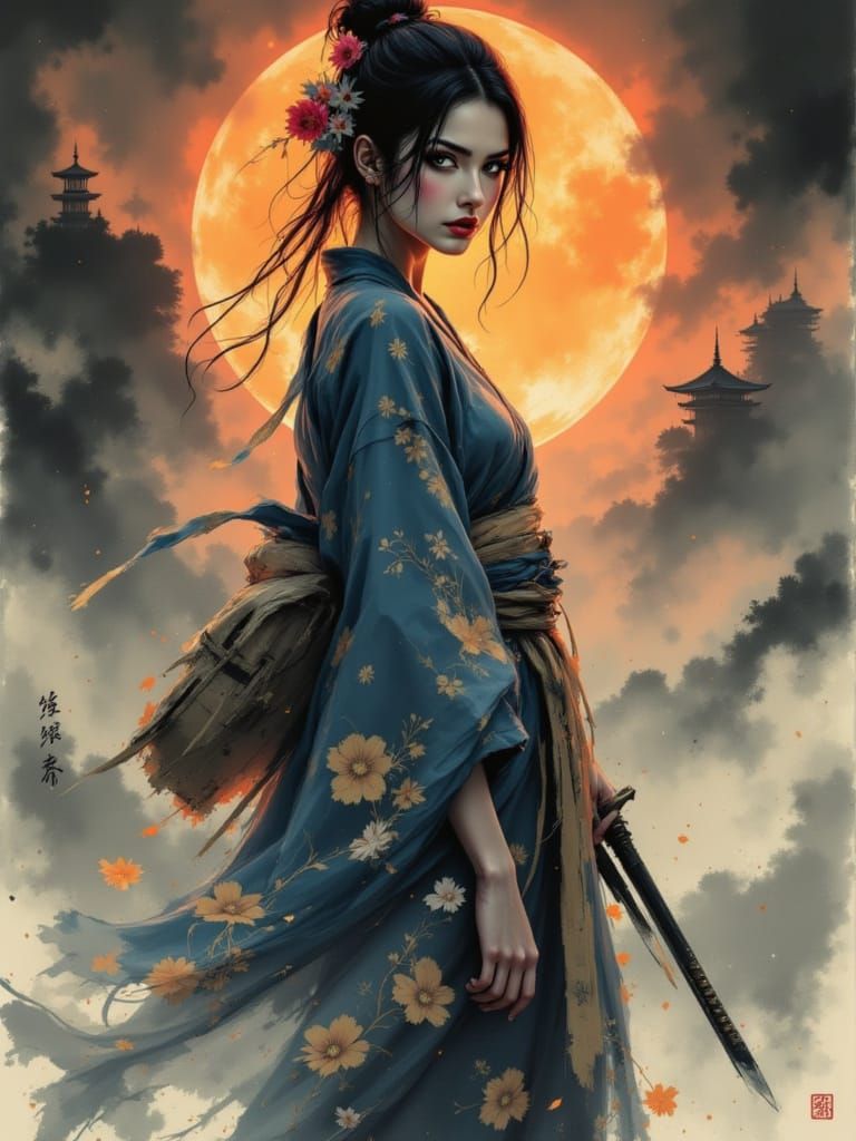 Surreal Samurai Goddess in Moonlit Japanese Landscape