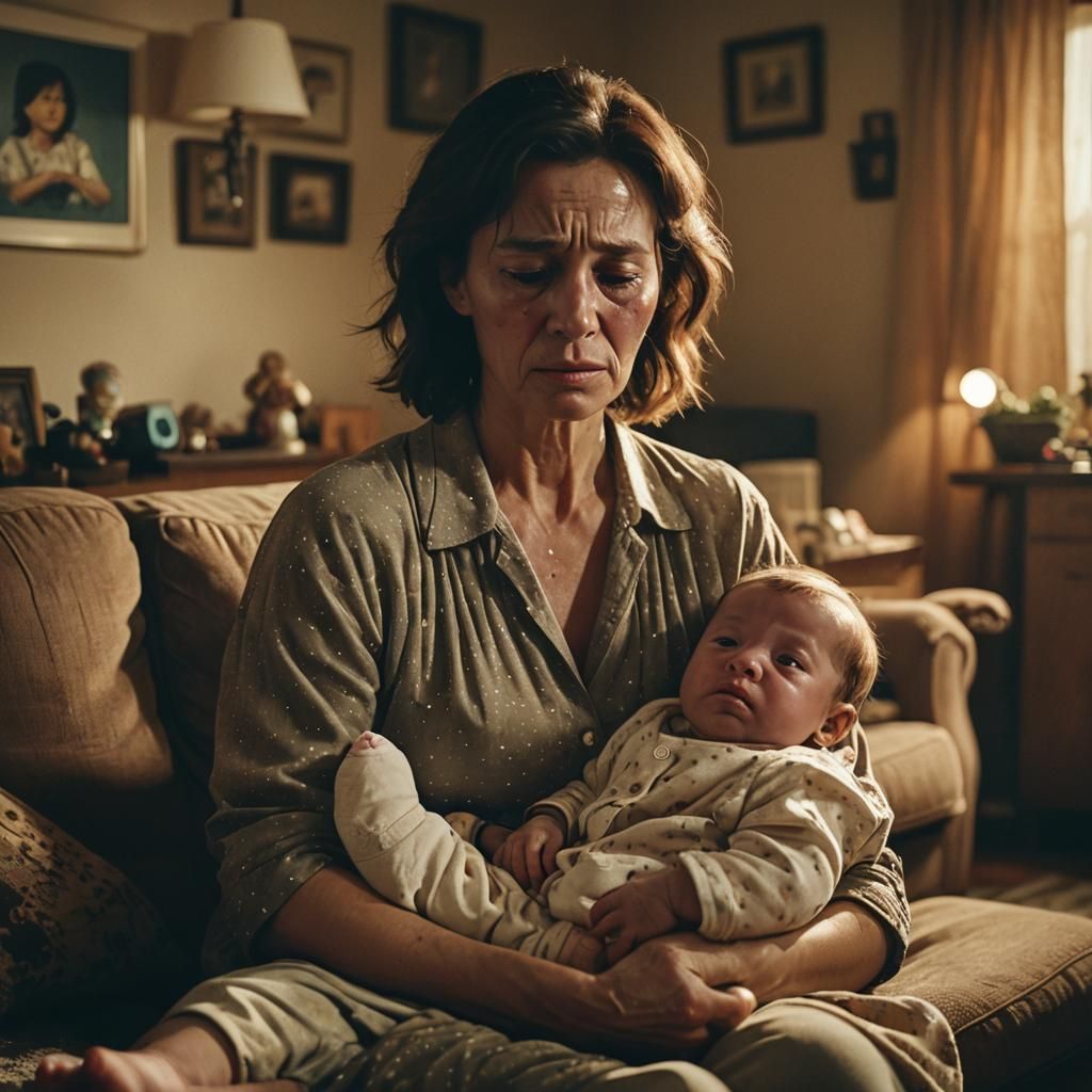 Exhausted Mother with Crying Baby: Cinematic Film Still