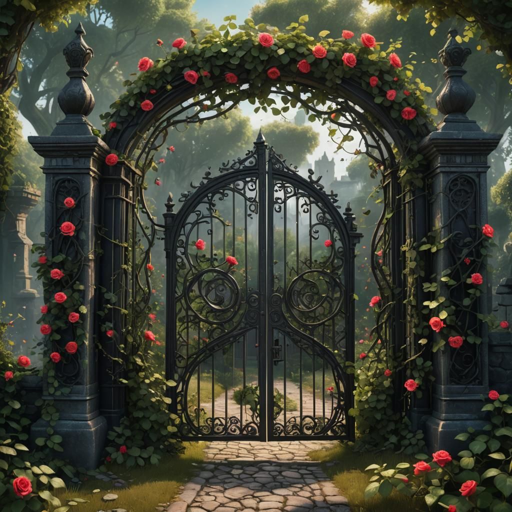 Mysterious Black Gate with Roses and Vines
