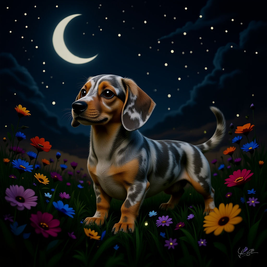 Dapple Dachshund in Moonlit Flower Field