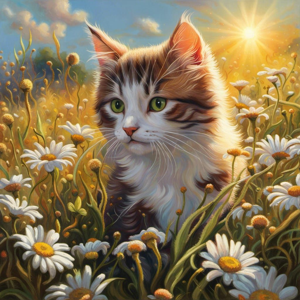 Kitten Playing in Sunny Daisy Field, Hyperrealistic Art
