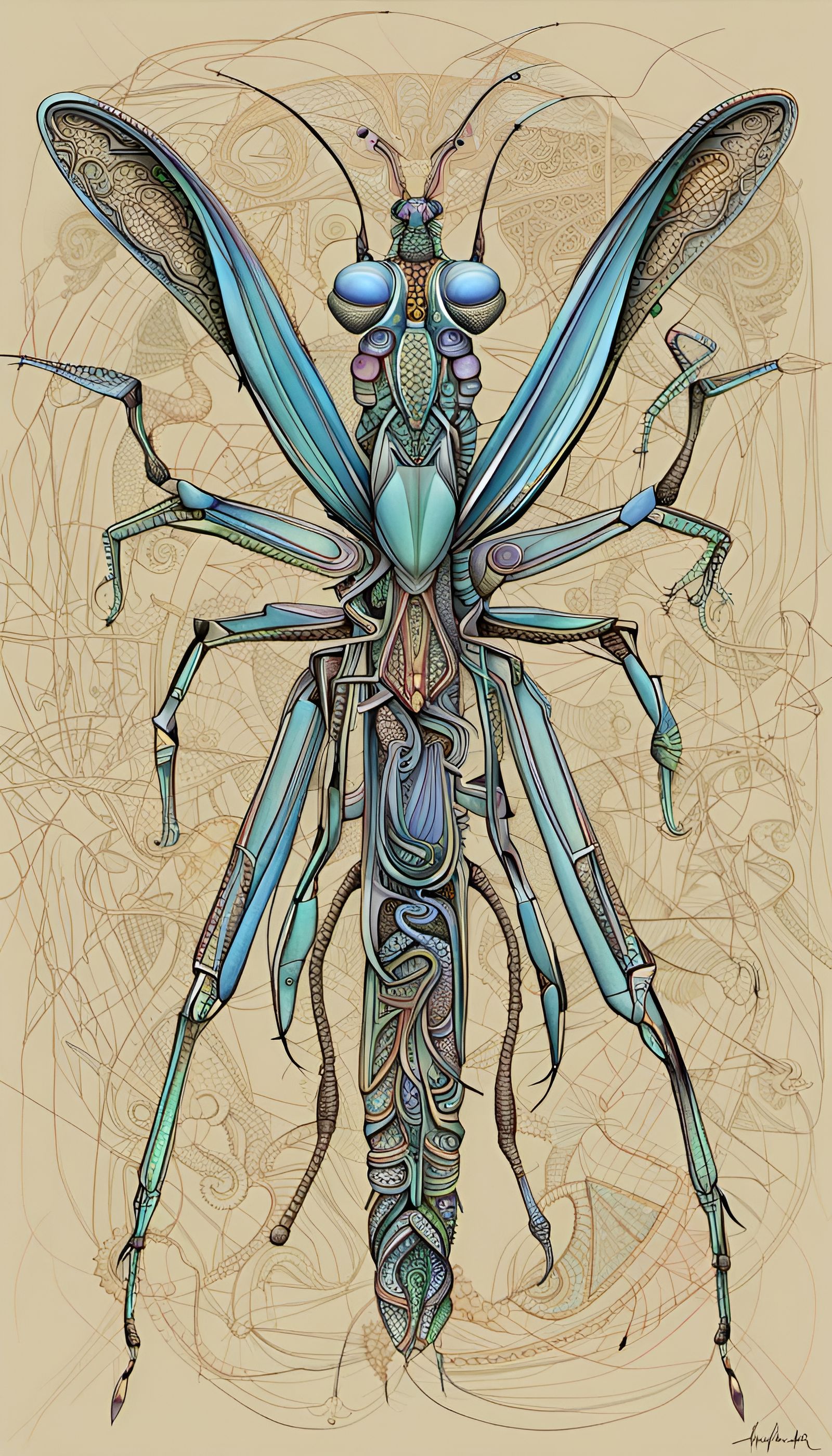 Intricate Praying Mantis with Quantum Zentangle Design