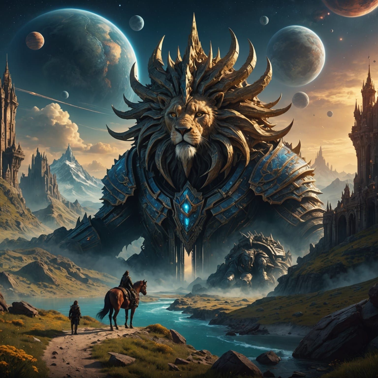 Lion Beside Galaxy: Detailed Fantasy Concept Art