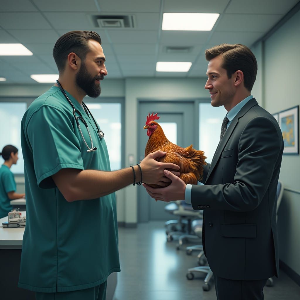 Doctor Receives Chicken in a Fantastical Medical Office Scen...