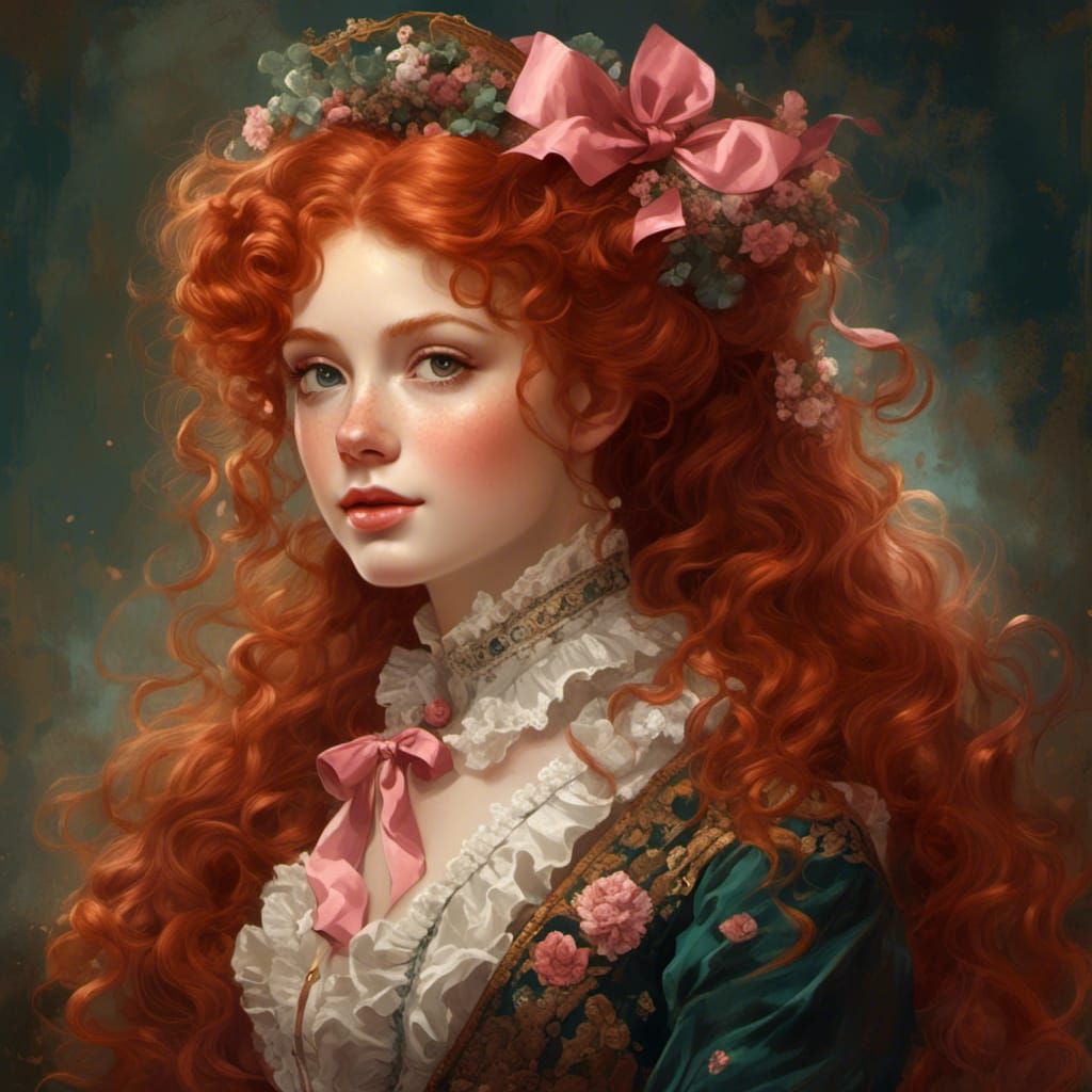 Victorian Redhead with Curls in Rococo Oil Painting