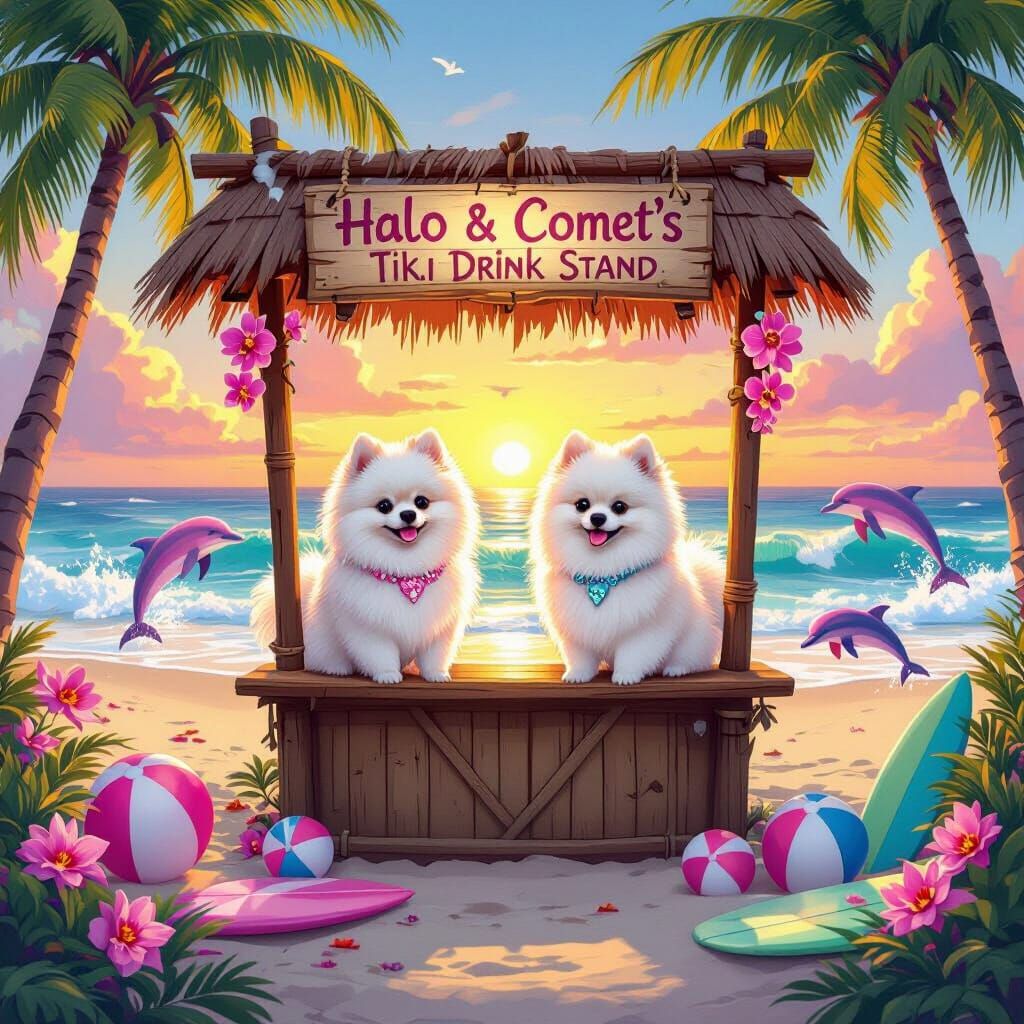 Pomeranians at Tiki Stand on Sunset Beach