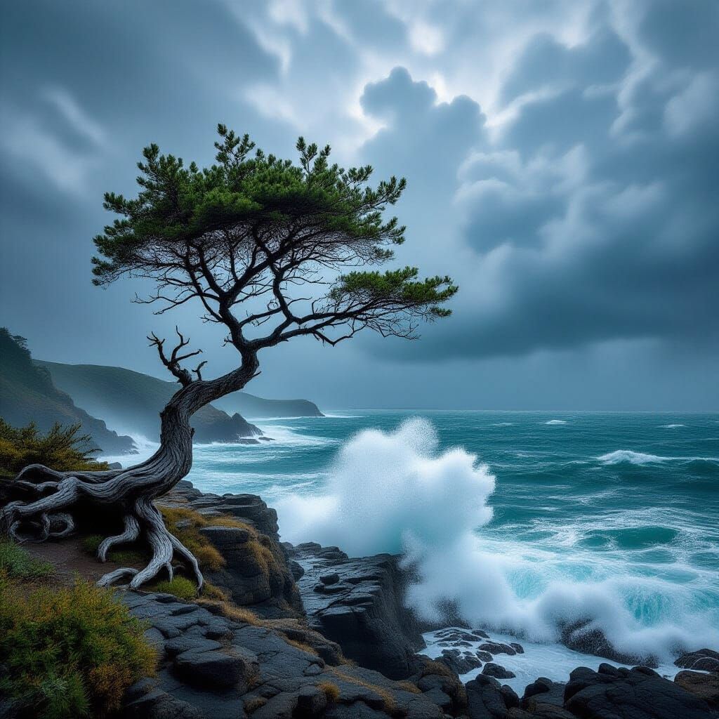 Ancient Tree on Cliff Overlooking Turbulent Sea