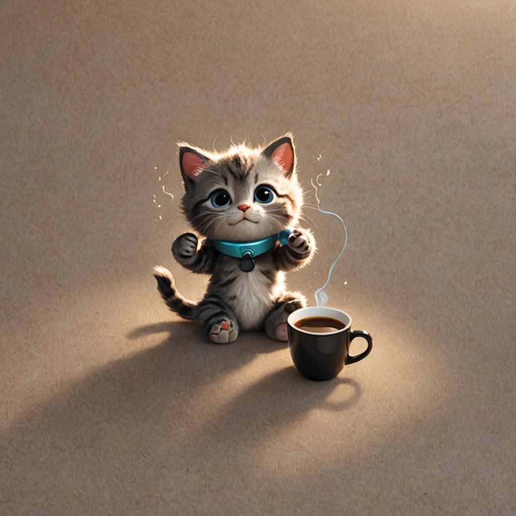 Cute Kitten Sipping Coffee, 4D Pixar Style