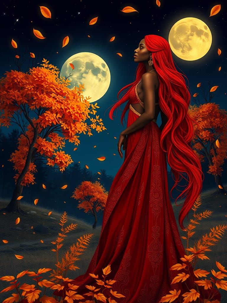 Elegant African Woman in Fantastical Autumn Night