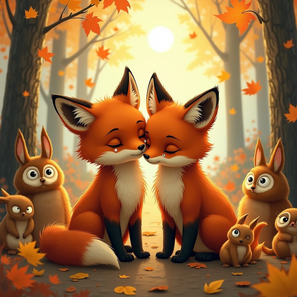 Fox Cubs Comforted by Forest Friends in Autumn Light