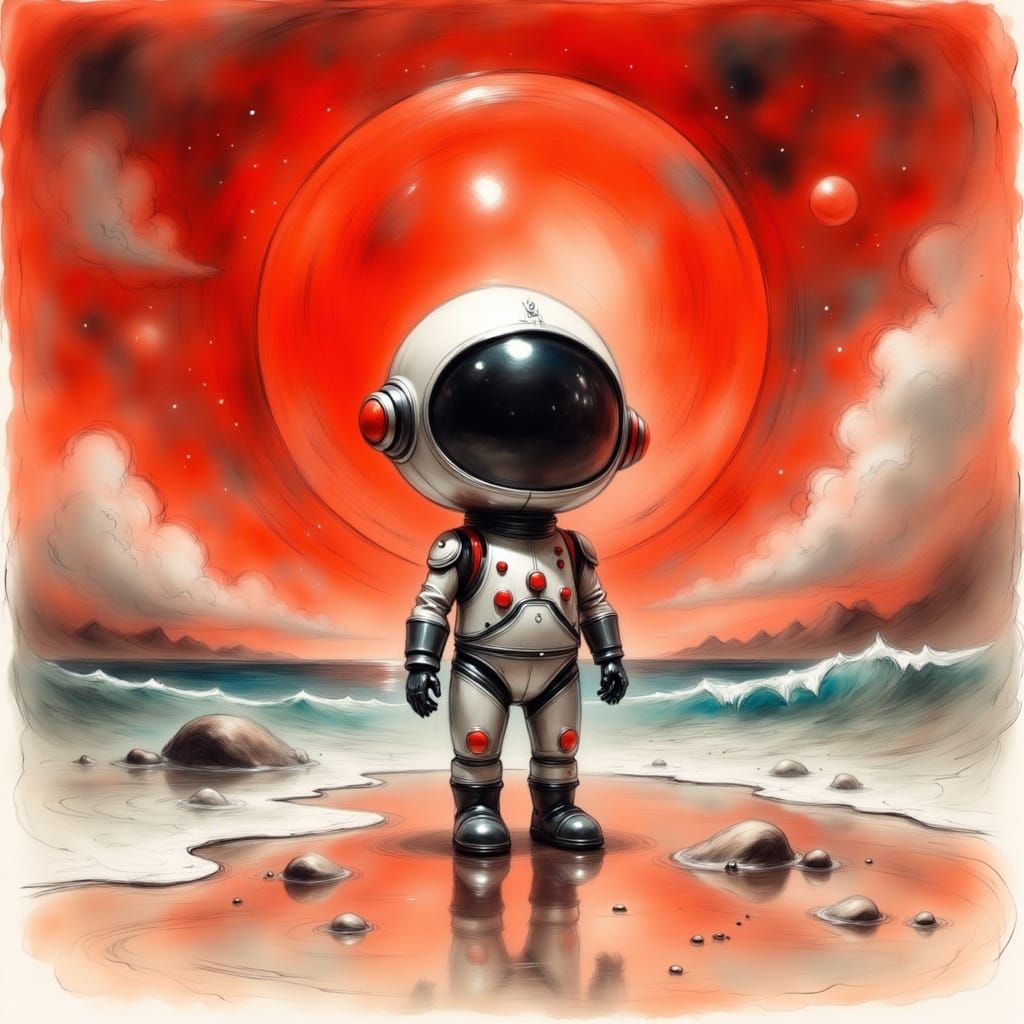 Miniature Robot Hero on Alien Beach in Cyberpunk Style