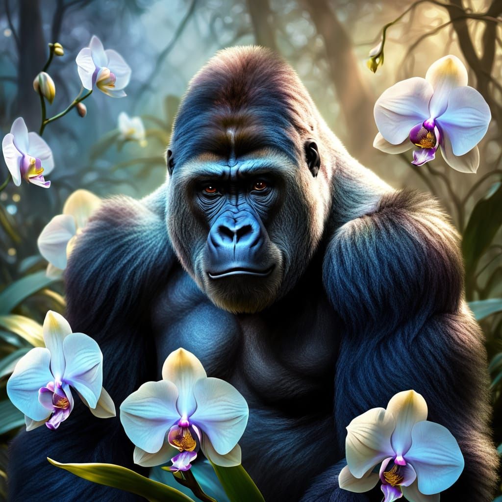Silverback Gorilla Among Ghostly Orchids: Impressionist Wild...