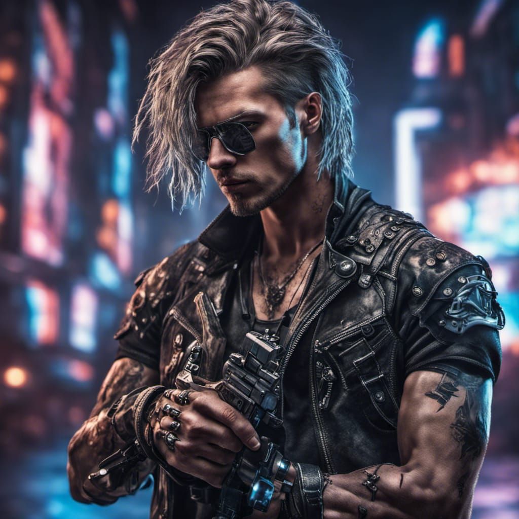Cyberpunk Rocker with Cyborg Arm and Gun
