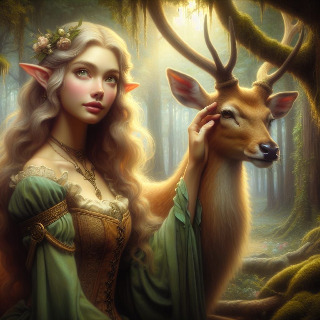 A beautiful elf woman petting a stag in a forest. ethereal f...