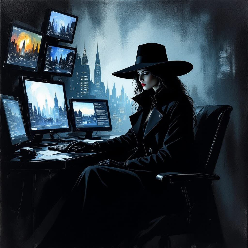 Shadow Broker in Lair: Oil Painting with Chiaroscuro