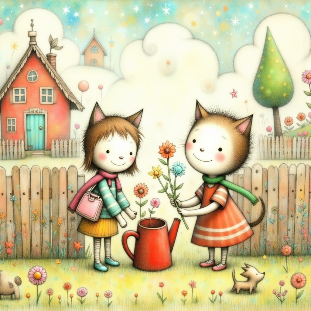 Adorable Storybook Kittens Pick Flowers in a Sunny Garden