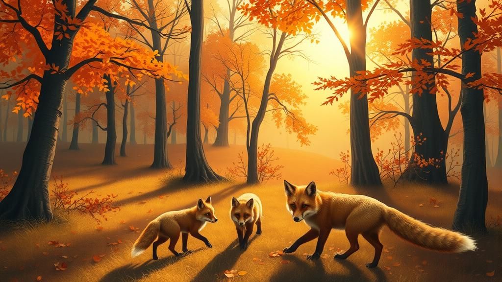 Fox Family in Autumn Forest, Naturalistic Illustration