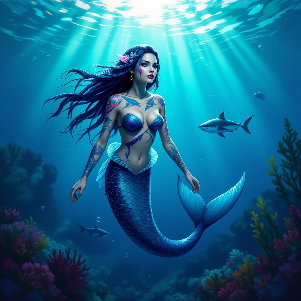 Shark Mermaid with Fins and Tail in Kelp Forest