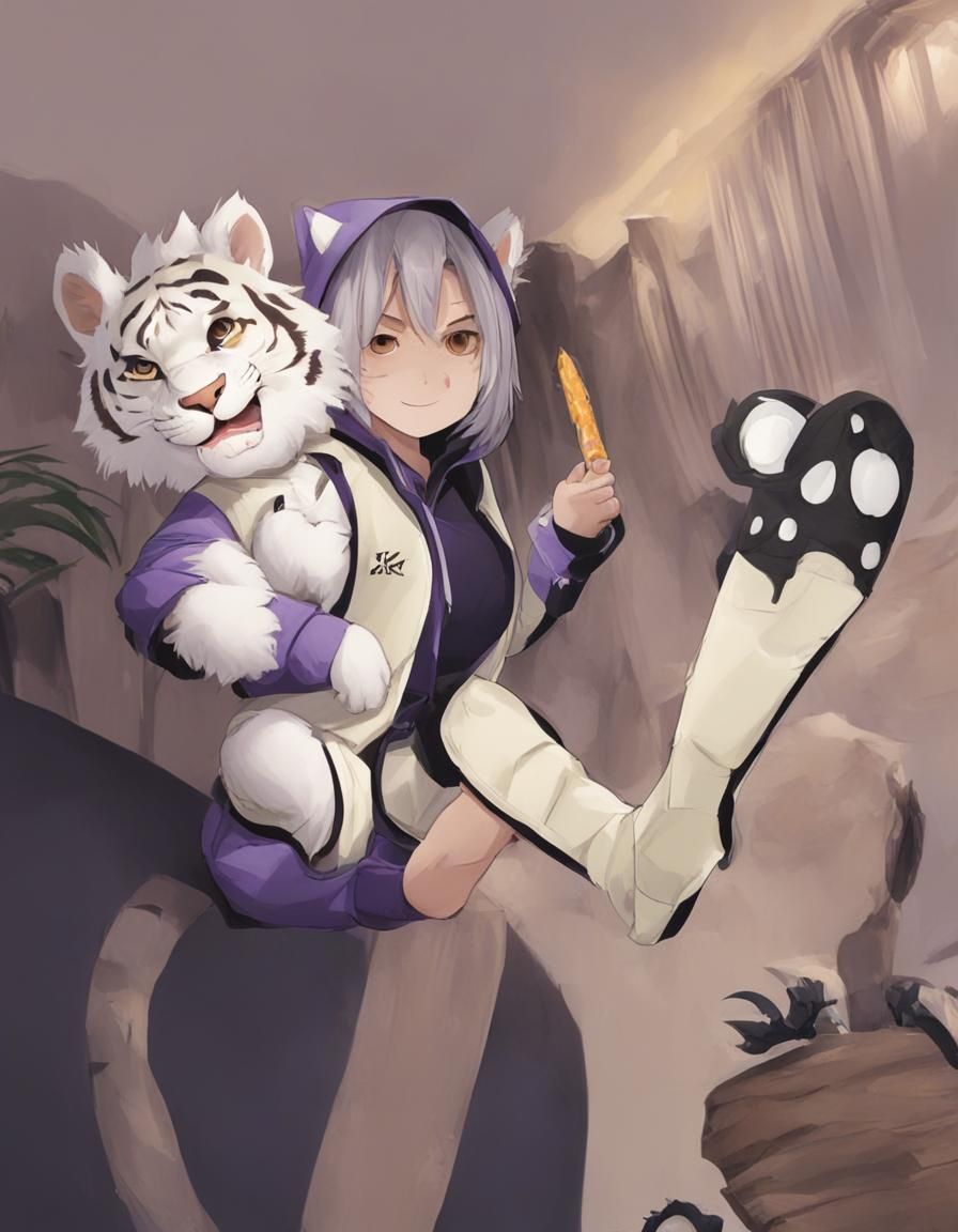 Anthropomorphic Tiger Cub and Wolf in Adventurous Scene