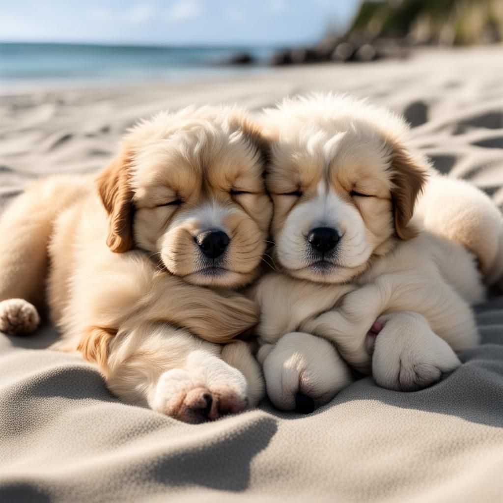 Fluffy Puppies Sleeping Peacefully on Beach