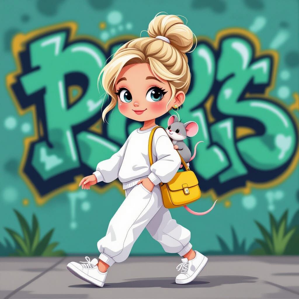 Cartoon Girl With Mouse and Graffiti Wall