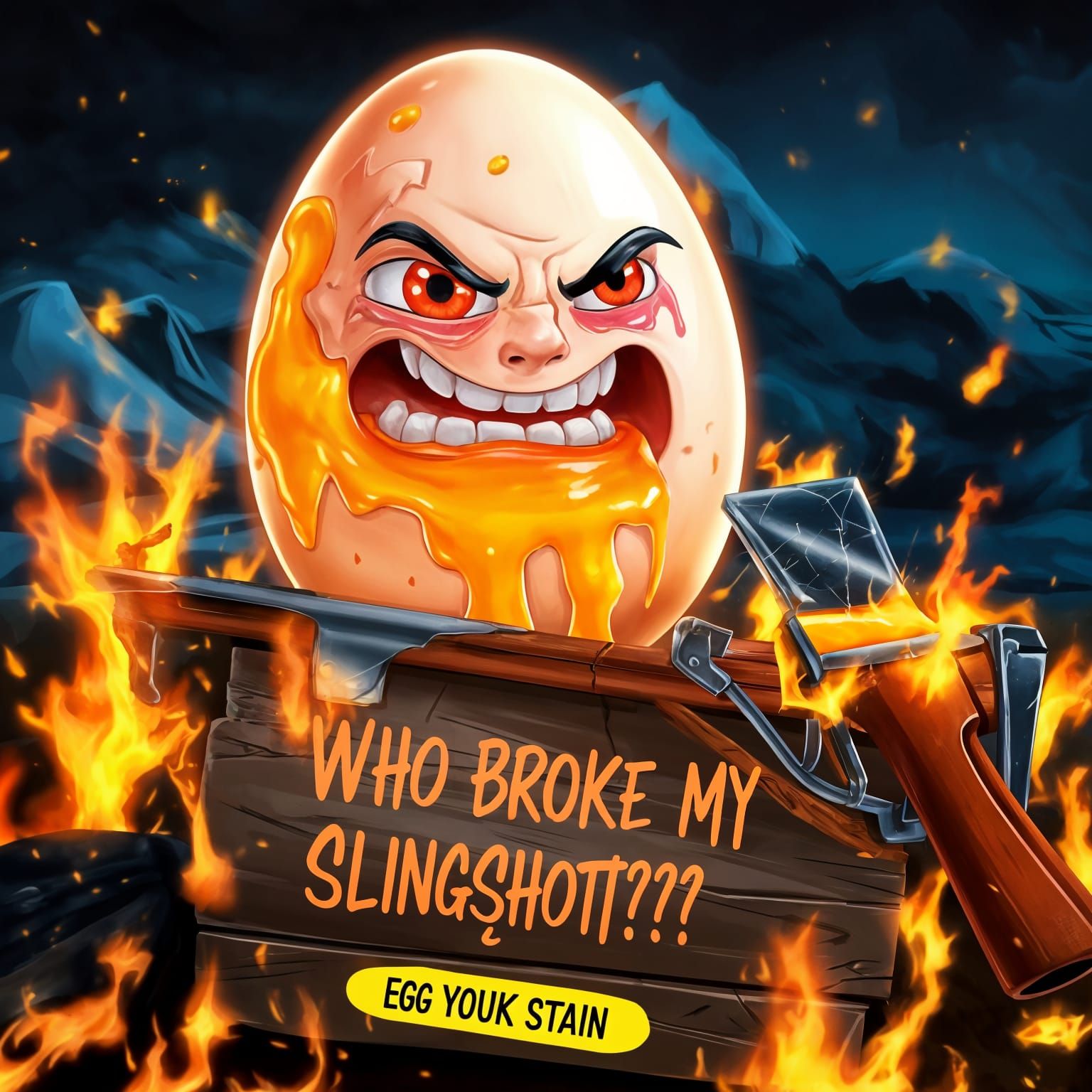 Angry Egg Cries Over Broken Slingshot in Fiery Explosion