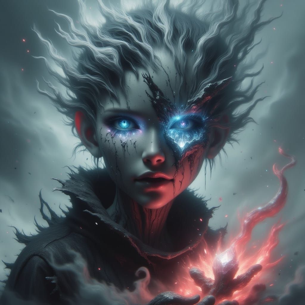 Macabre Ethereal Boy in Smoky, Spectral Aura with Shining Di...