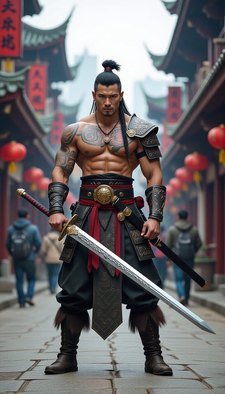 Tattooed Asian Warrior Wielding Sword Outside City