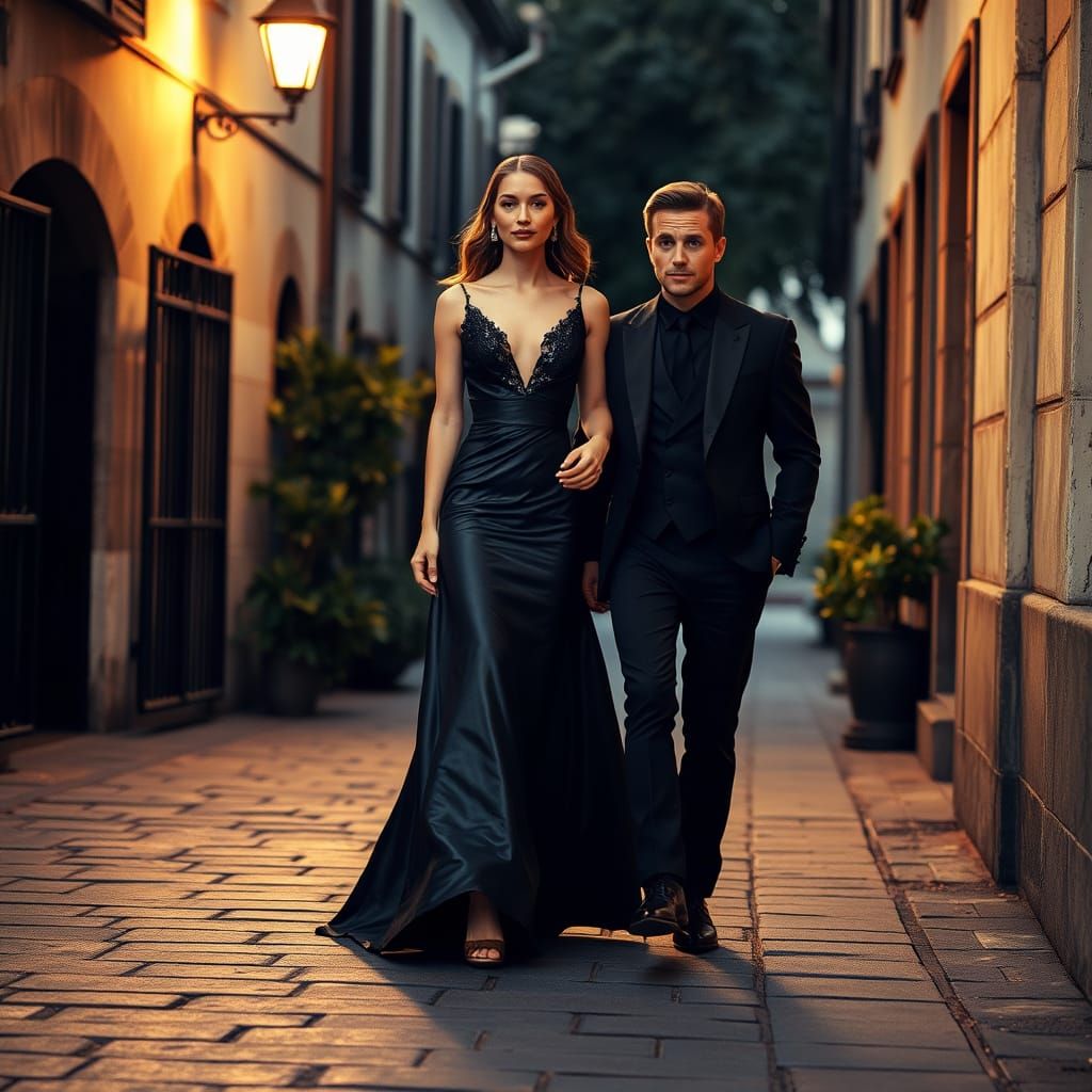 Stunning Couple Walks Down a Golden Light-Bathed Street in L...