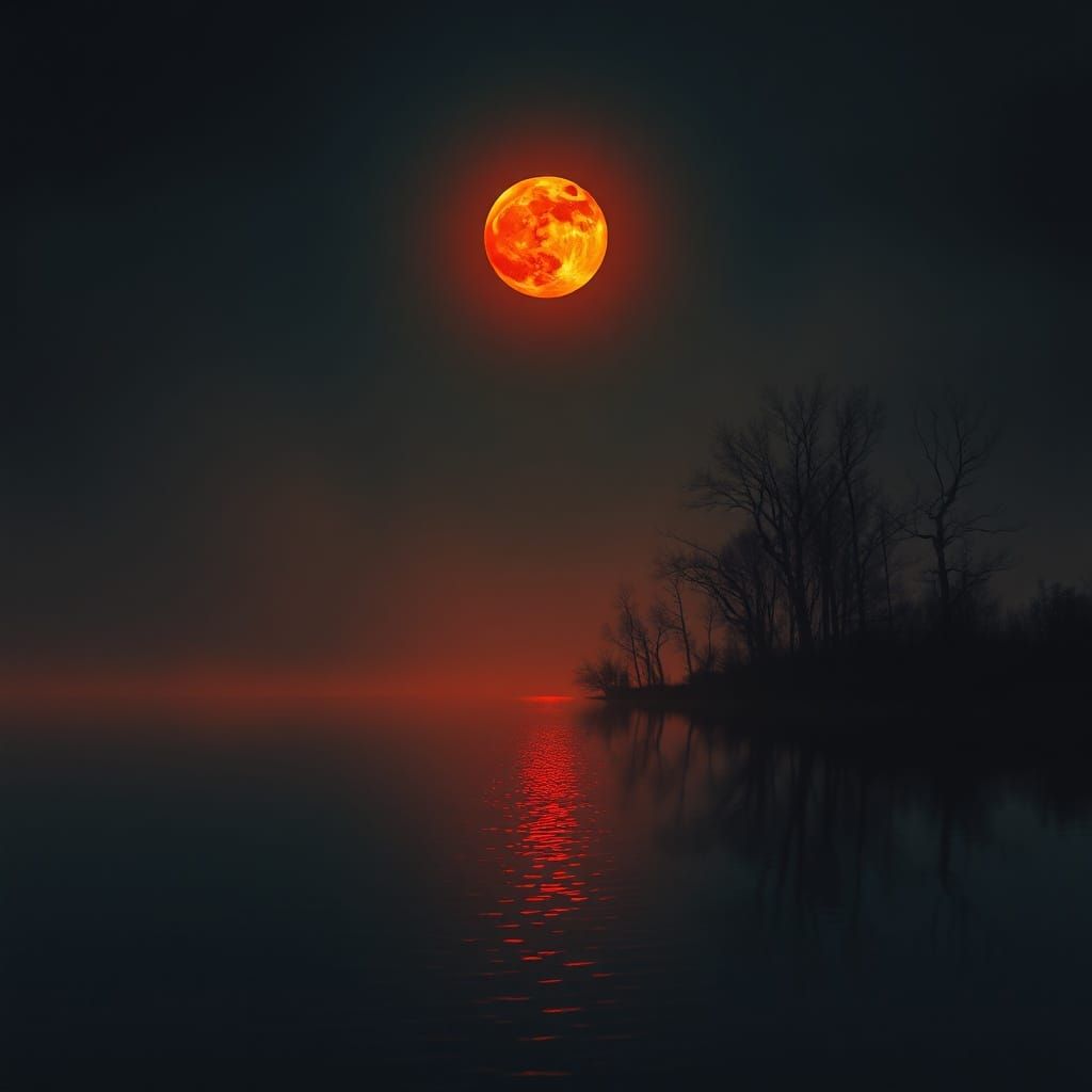 Red Moon Over Serene Lake in Autumn Night