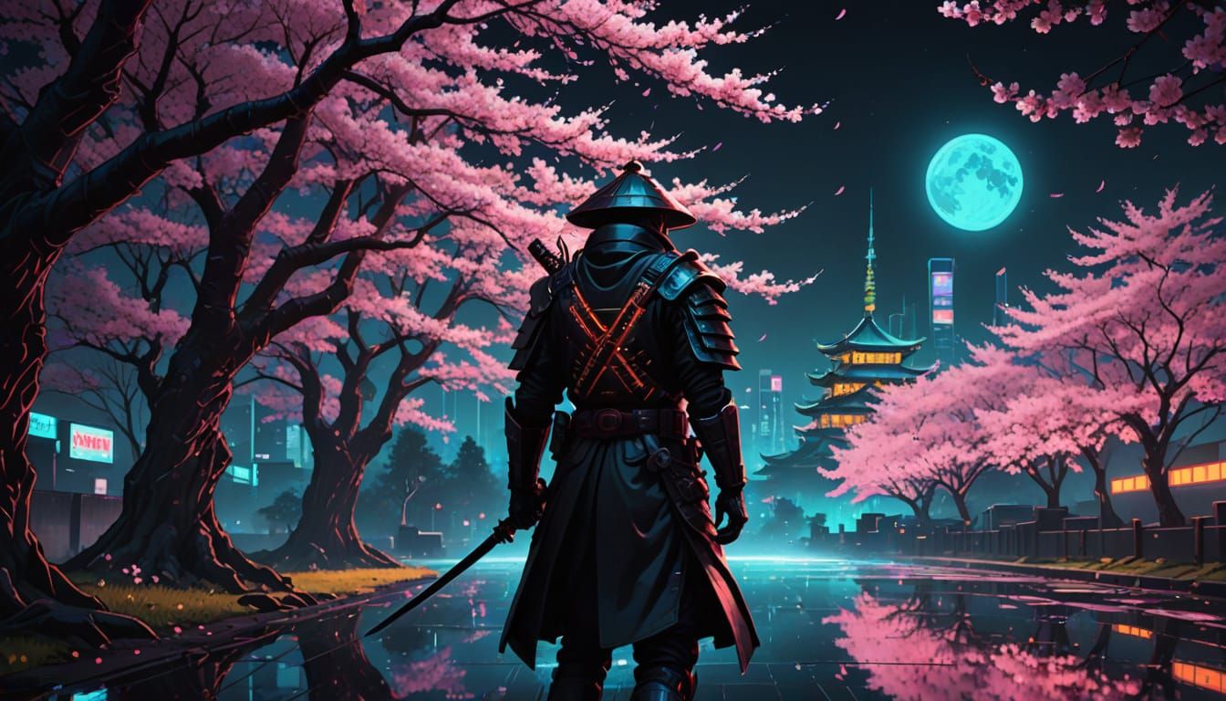 Neon Samurai in Cyberpunk Cherry Blossom Rain