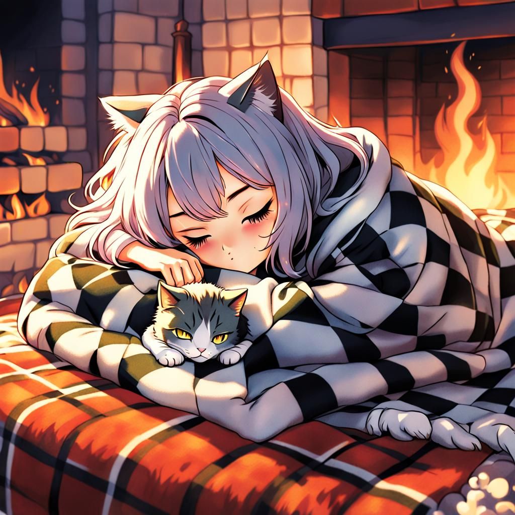 Sweet Anime-Inspired Scene of a Slumbering Young Woman and H...