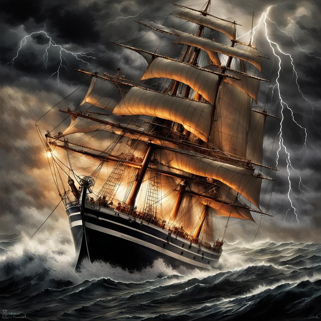 Bomb-Ketch Sailing Stormy Seas: Dramatic Maritime Art